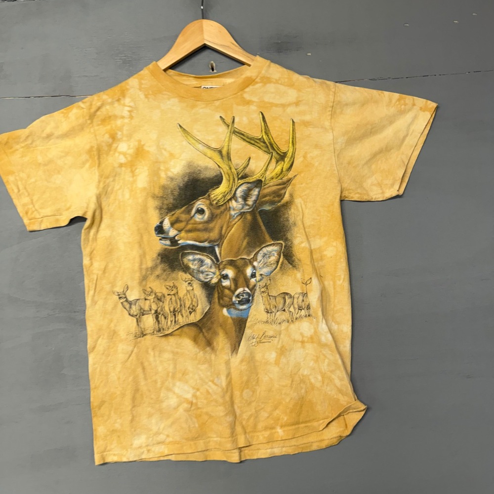 Vintage Oneita ColorWear Deer Graphic Tie Dye T-Shirt Yellow Mens Medium 90s - Picture 2 of 4